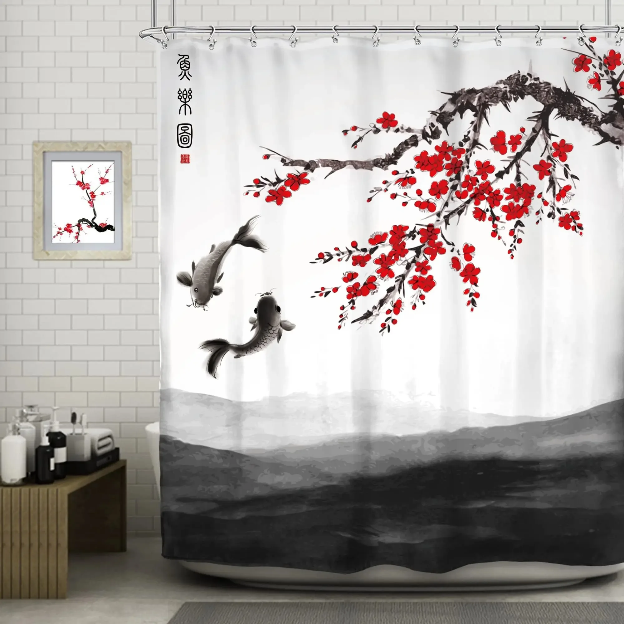 Japanese Style Shower Curtain Koi Fish Cherry Blossom Sun Sea Wave Octopus Landscape Polyester Fabric Curtains Bathroom Decor