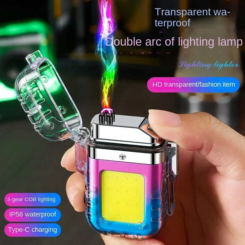 New Transparent Waterproof Lighter Windproof Lighter Plasma Double Arc Flashlight USB Rechargeable Outdoor Camping Lighter