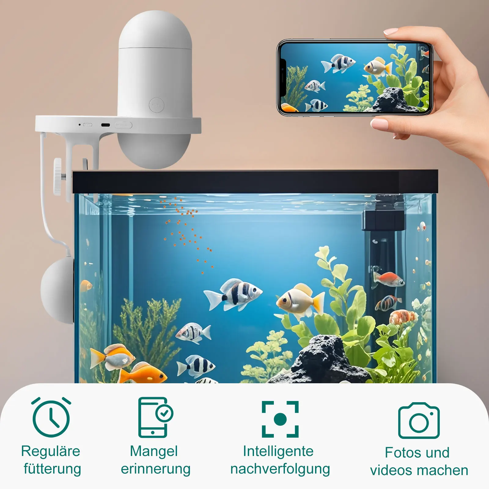 وحدة تغذية الأسماك الأوتوماتيكية الذكية مع كاميرا 2.5K، والتحكم في التطبيقات، وحدة تغذية العطلات، ونظام تغذية دقيق، وشاشة مرئية لحوض السمك