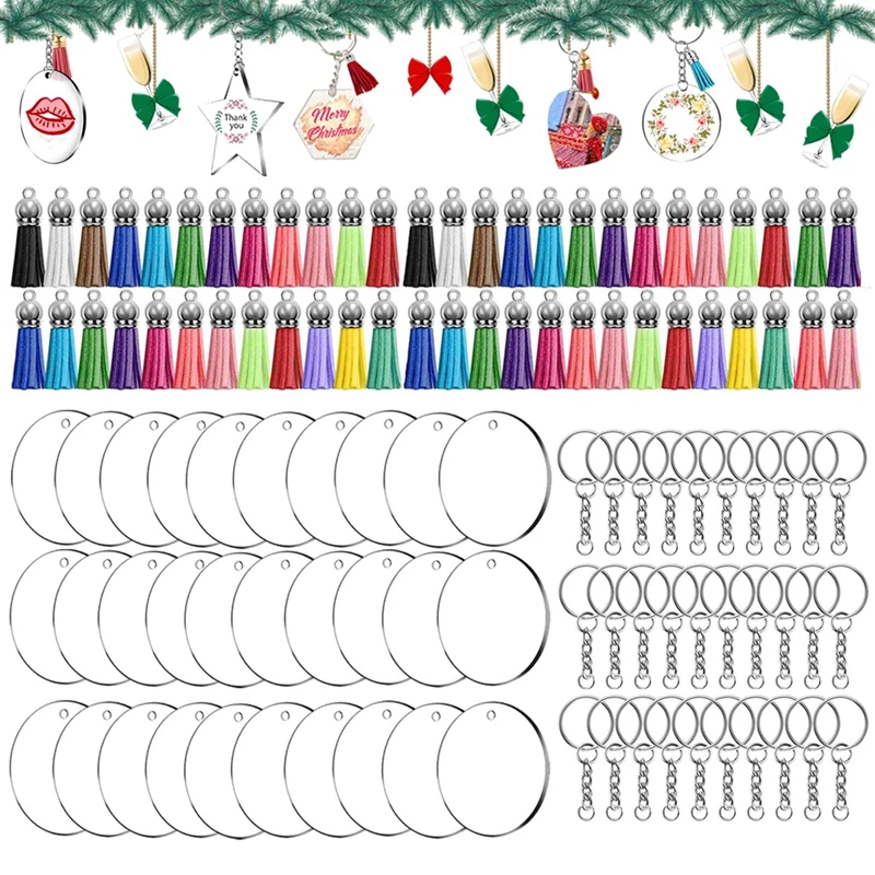 

120Pcs Christmas Acrylic Keychain Blanks Set Clear Star Acrylic Blanks Keychain Tassels Key Chain Rings Jump Rings DIY Craft