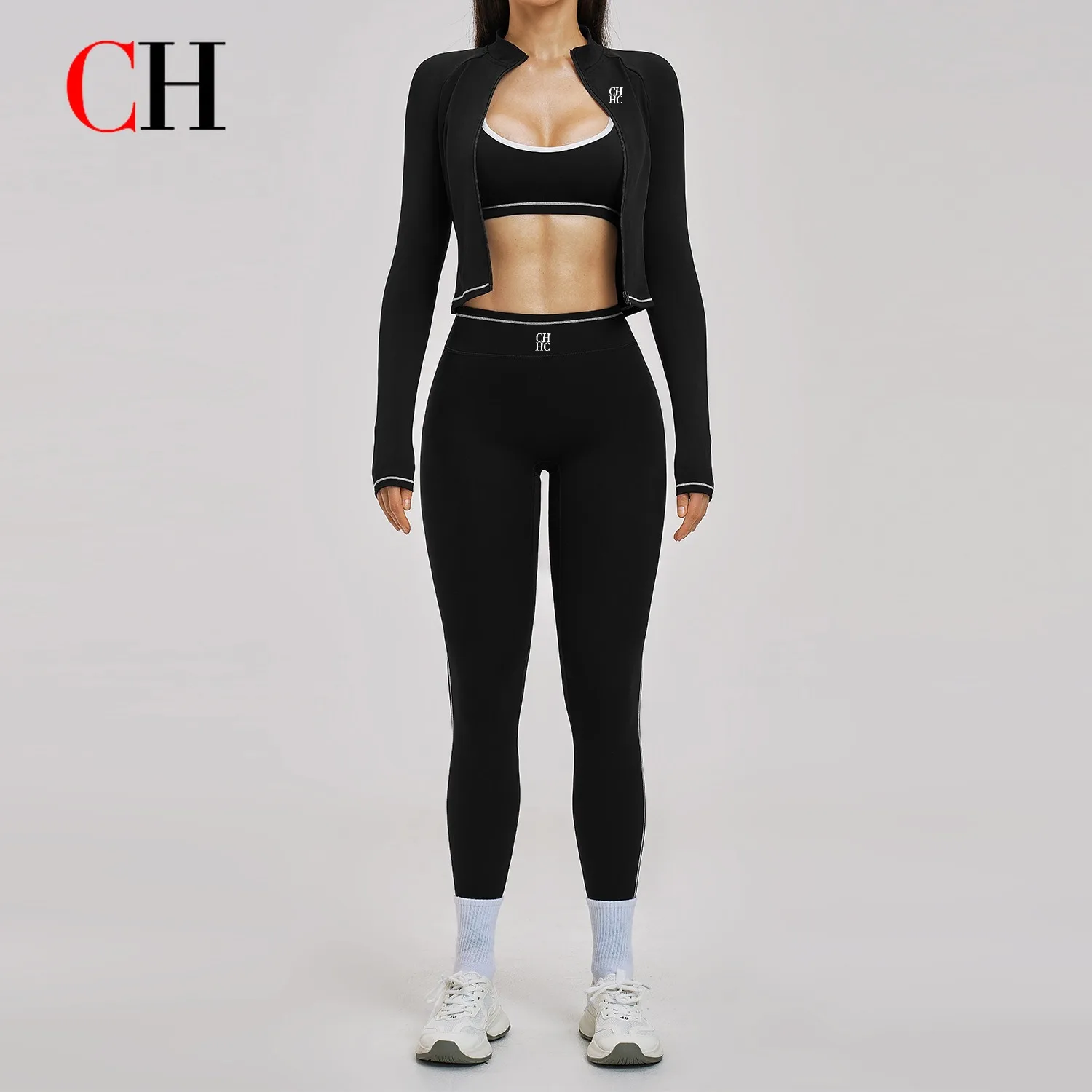 CH Color-block Yoga Fitness Three-piece Set Zippered Windproof Slim-fit Set Outdoor Running Sports Three-piece Set