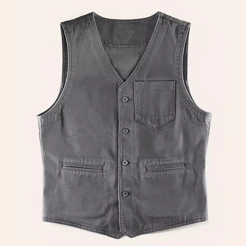 Vintage cuello en V chaleco de un solo pecho chaqueta abrigo para hombre moda bolsillos chalecos hombres 2025 primavera otoño Casual chaquetas sin mangas