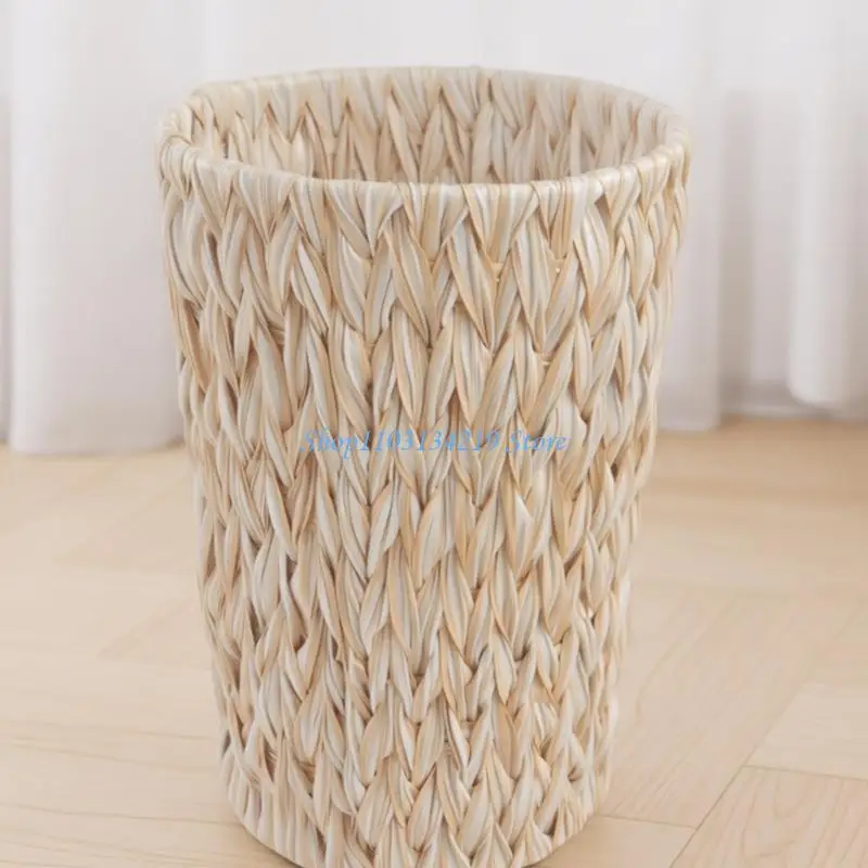 

N5KC Modern Rattan Trash Can With Iron Base Handwoven Waste Bin For Kitchen Living Room And Office Small Items Organization
