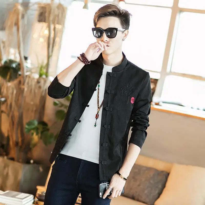 Chinese Sle Embroidered Jaet Stand Collar Men's Youth Cotton Thiened Autumn Outerwear Button Detail CleanFit Design