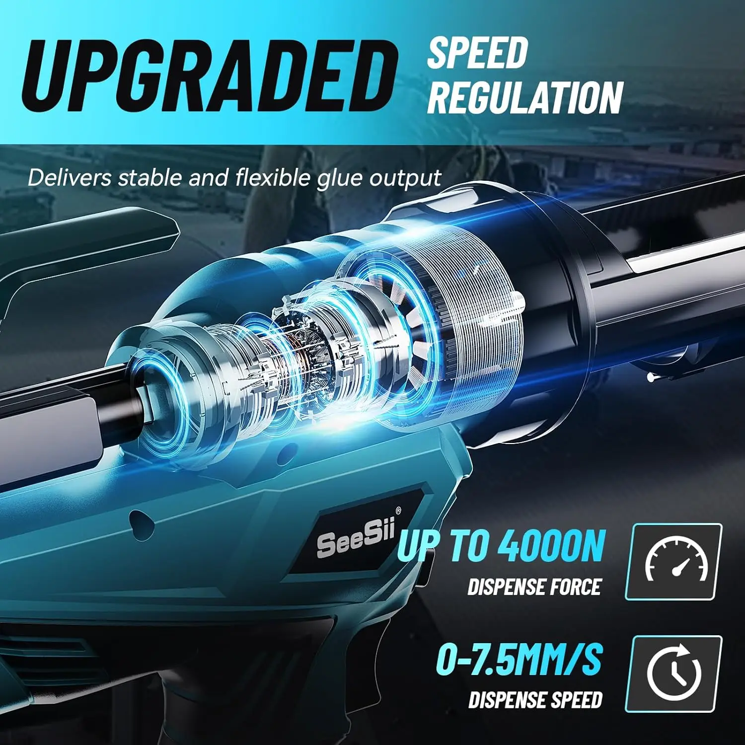 Pistola de calafateo eléctrica Seesii, pistola de calafateo inalámbrica de 10oz con 2x batería de 2000mAh, herramientas eléctricas de luz LED antigoteo de velocidad continua