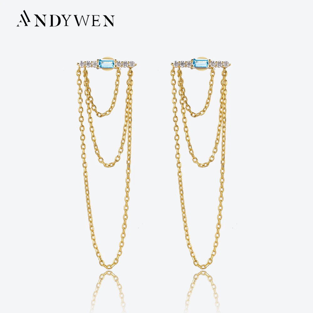 ANDYWEN 925 Sterling Silver Line CZ Zircon Three Chains Drop Earring Women Luxury Fine Jewelry 2023 Party Clips Pendientes