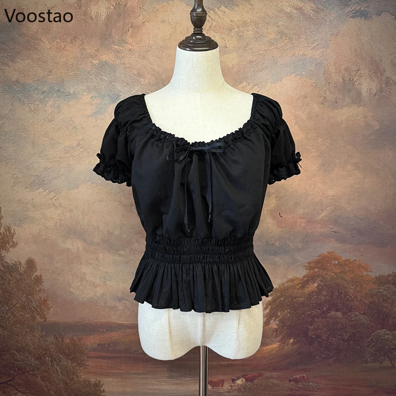 Vintage Sweet Lolita Blouses Women Cute Bow Lace Ruffles Puff Sleeve Slim Undershirt Girls Gothic Kawaii Shirt Crop Tops Summer