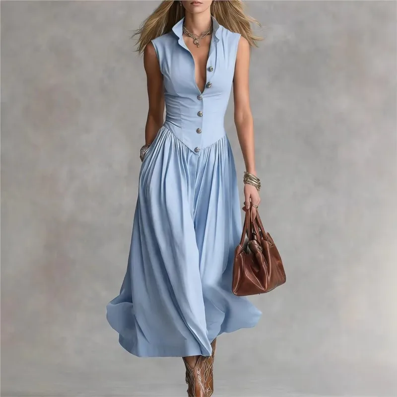 

Women's Elegant Sleeveless Shirt Dresses Summer Fashion New Lapel Buttons Party Midi Dress Office Chic Streetwear Vestidos