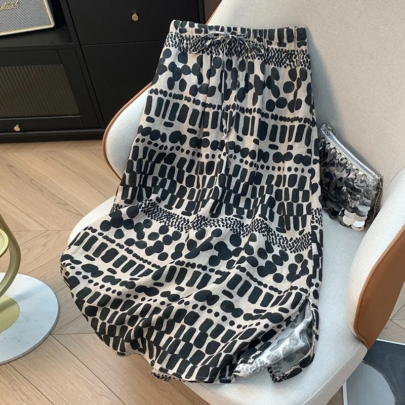 

Повседневная льняная юбка длиной до щиколотки с цифровой печатью в стиле ретро, весна-осень, новинка, универсальная с талией