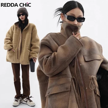 REDDACHiC LambswoolขนแกะReversibleหนังเสื้อแจ็คเก็ตผู้หญิงสีน้ําตาลสายรัดเอวขนาดใหญ่เสื้อVINTAGEฤดูหนาวOuterwear