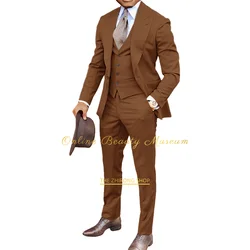 Men's 3-piece brown suit, Jacket + vest + trousers, Concert performance clothing, Groom's wedding clothing, Tailgate party dress