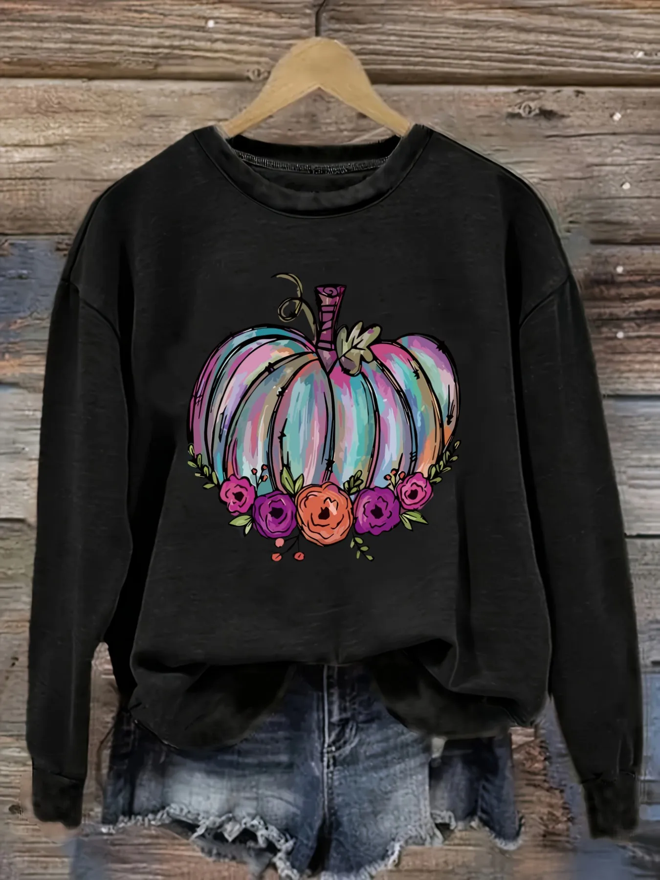Women's Casual Long Sleeve Crew Neck T-Shirt Colorful Pumpkin With Floral Design Design, Round Neck Women's Clothing, Machine Washable, Slight Elasticity, Loose Fit, Spring Autumn Winter Women's T-Shirt, Christmas Outfit