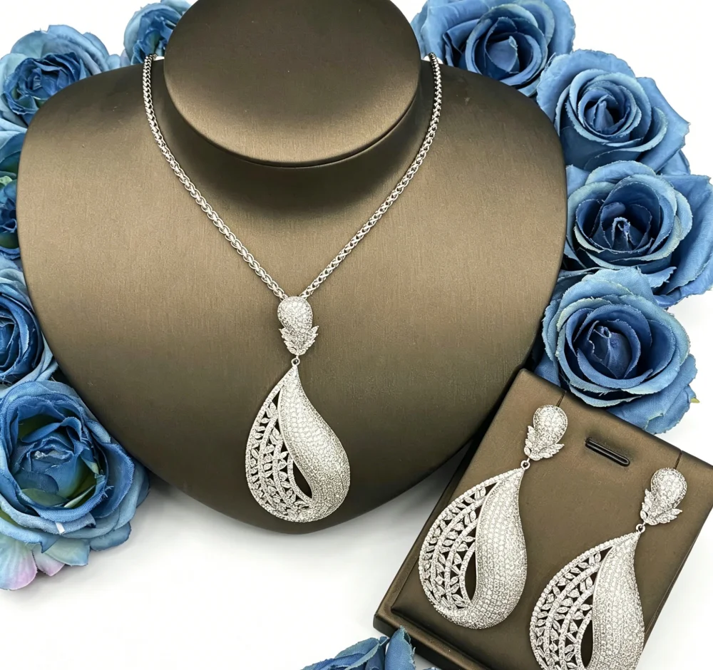 JRH Minimalist Women Jewelry Set Silver Plated Copper Zirconia Necklace And Earrings for Daily Fashion Accessory
