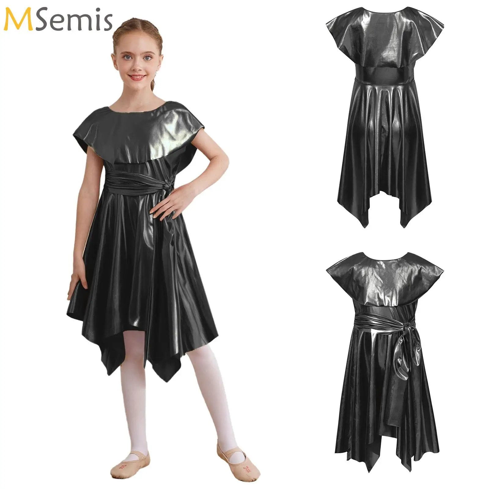 

Kids Girls Metallic Ballet Lyrical Praise Dance Dress Liturgical Worship Church Dresses Asymmetrical Hem Belted Tunic Dancewear