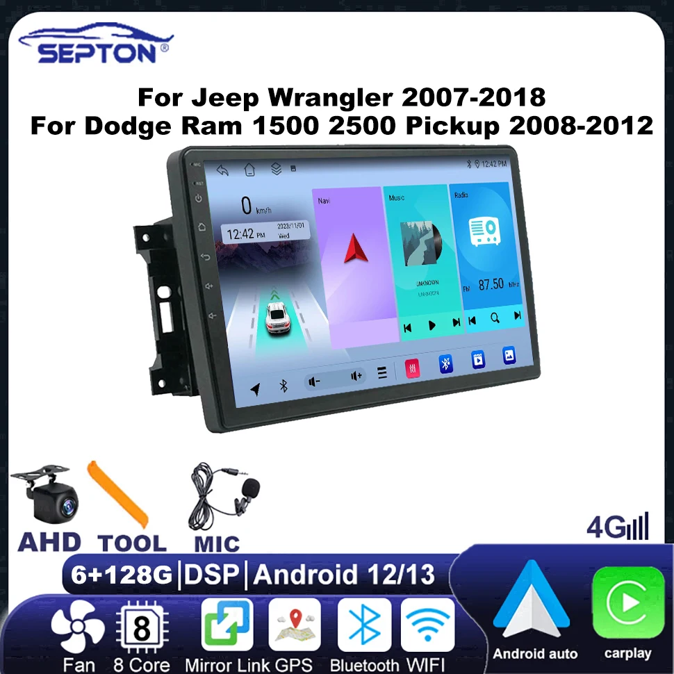 SEPTON pemutar Audio Radio mobil, sistem cerdas Radio mobil untuk Jeep Wrangler 2007-2018 Stereo Navi GPS WIFI 4G BT sistem Audio mobil