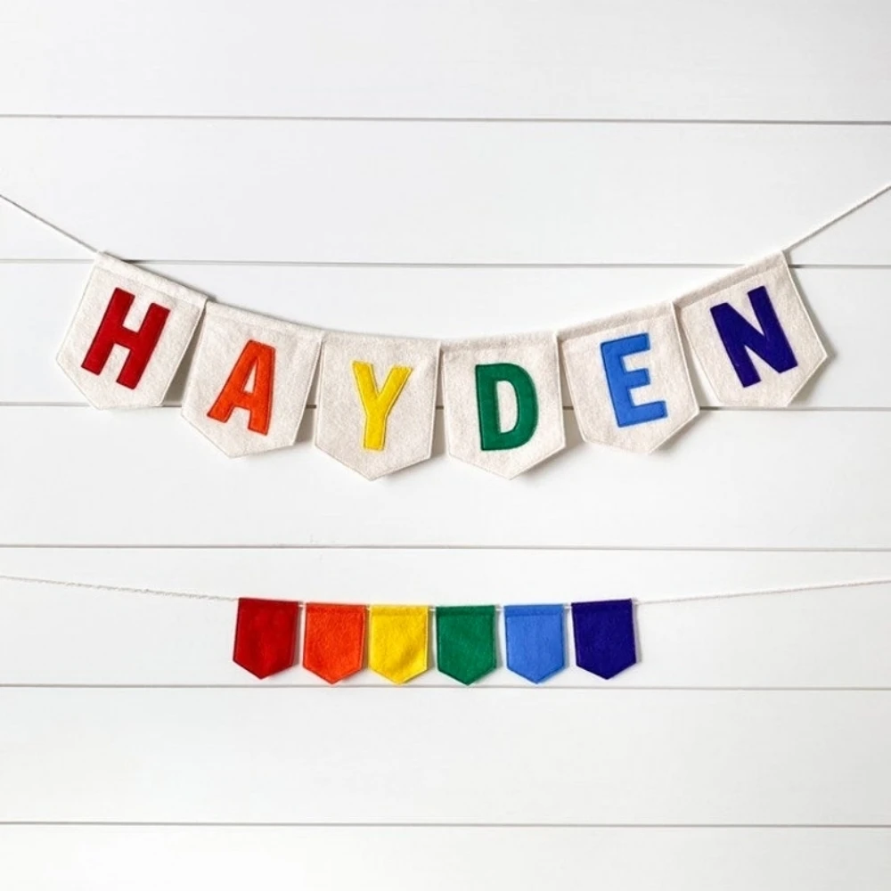 Personalized Felt Name Banner, White Flag with colorful Letters, Baby Girl Name Sign, Wall Decor, Birthday Party Decoration