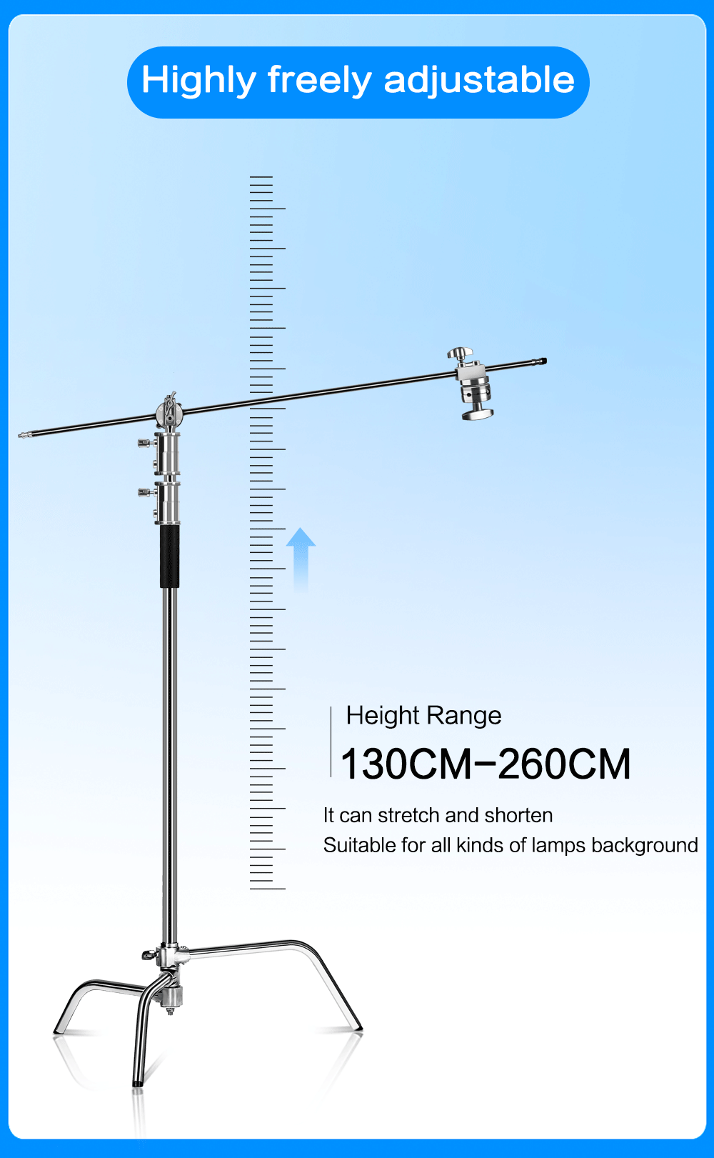 260cm Stainless Photography Tripod C-stand Light Stand 100% Metal 8.53ft With Boom Arm Professional For Photo Studio Softbox