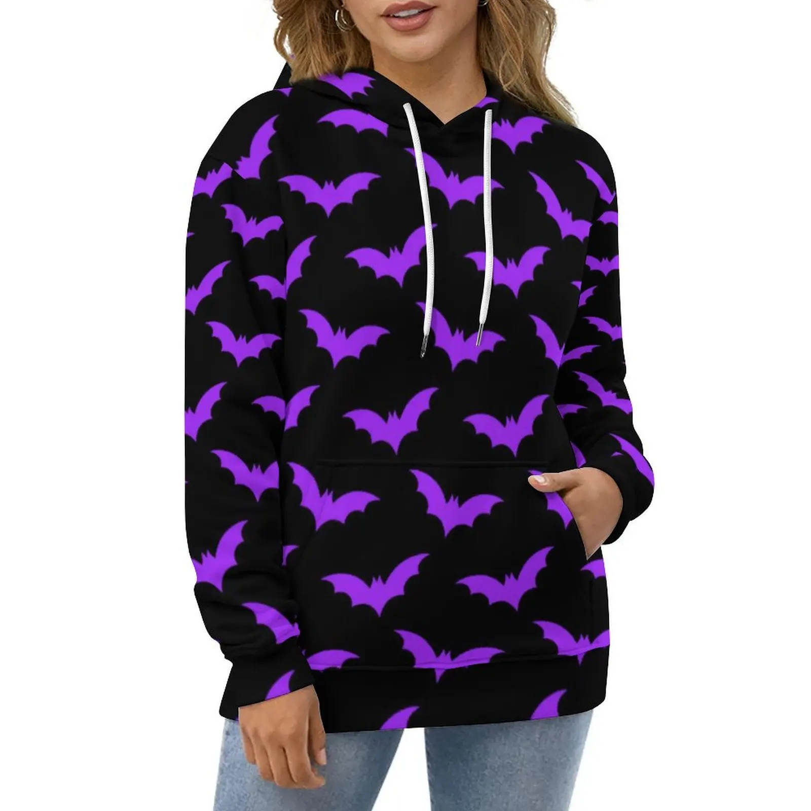 

Halloween Hoodies Long Sleeve Black and Purple Bats Casual Pullover Hoodie Spring Classic Oversize Loose Hooded Sweatshirts