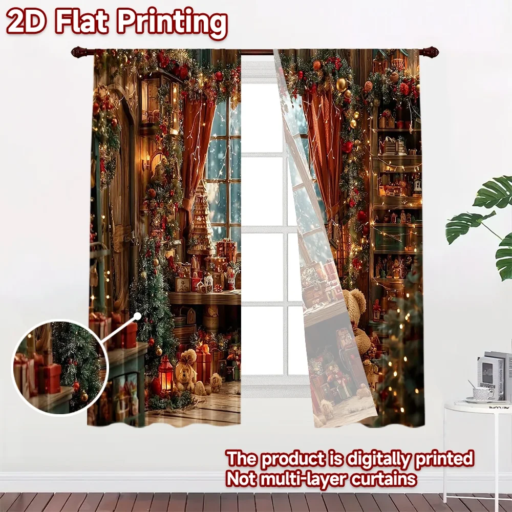 2D flat 2pcs Curtain French Romantic Style Christmas Teddy Digitally printed polyester, colorfast Festive Holiday Use for Indoor