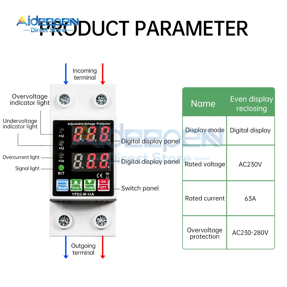 AC 220V Adjustable Over Under Voltage Protector 50/60Hz 40A 63A Solar photovoltaic Inverter Lower Voltage Current Meter Relay