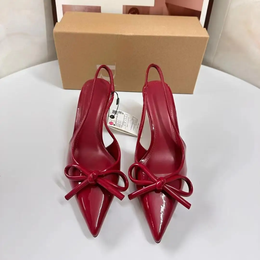 TRAF-zapatos de tacón alto con lazo rojo para mujer, calzado Sexy de charol con punta estrecha, elegantes, Otoño, 2024