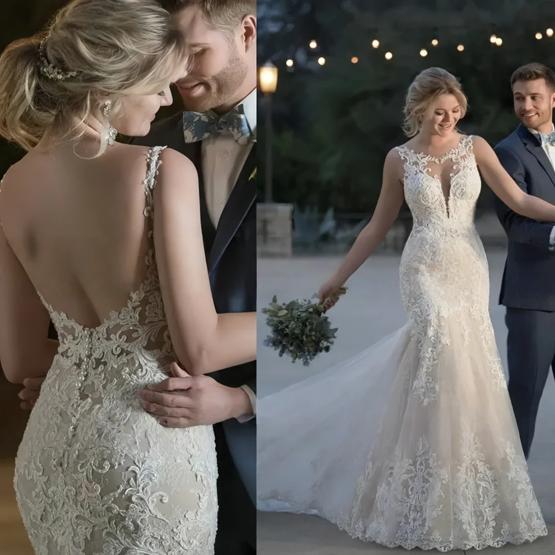 Vestido de novia de fiesta de trompeta sin mangas de encaje exquisito personalizado para novia cuello redondo recién llegado vestidos de novia