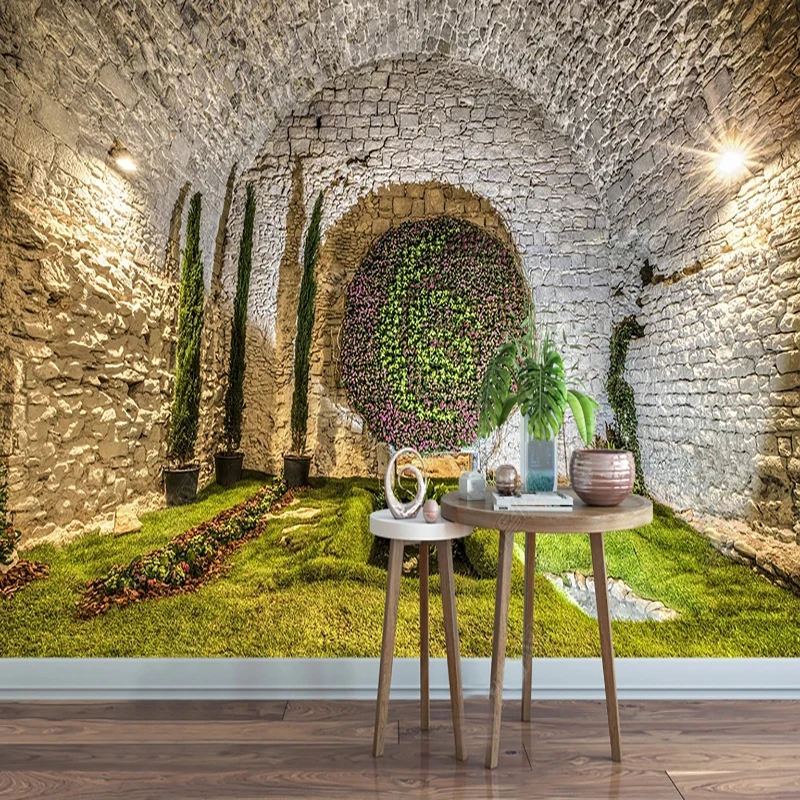 3D Wallpaper 3D Space Grassy Stone Cave Murals Restaurant Cafe Background Wall Decor Waterproof Home Decor Papel De Parede Sala