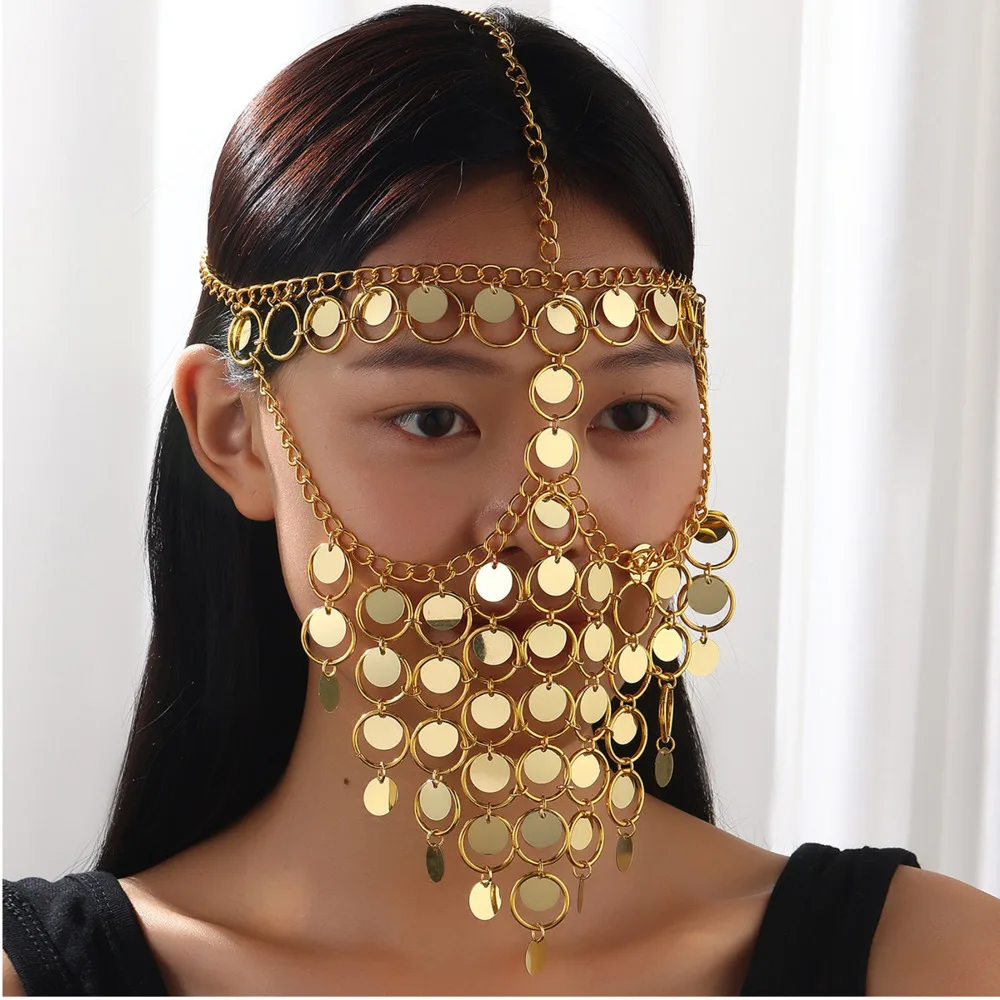 Kurdish Jewelry Fashion Golded Metal Coin Tassel Face Chain Head Jewelries For Women Dance Party Mask Accessories