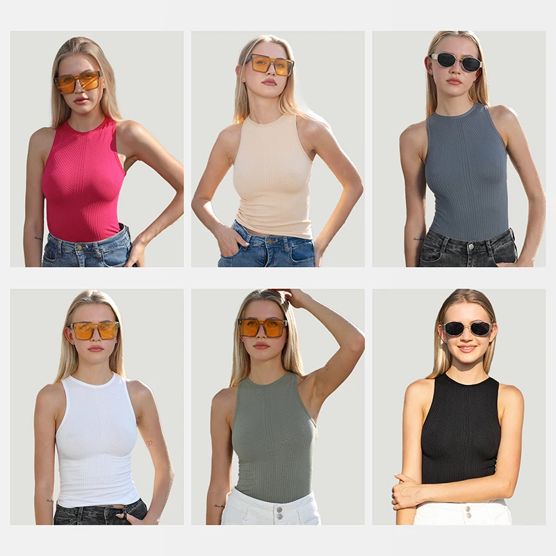 Regata Feminina Sem Costura, Gola Alta, Ajuste Lateral, Tecido Canelado, Respirável, Top Básico, Moda Fitness Casual, Verão