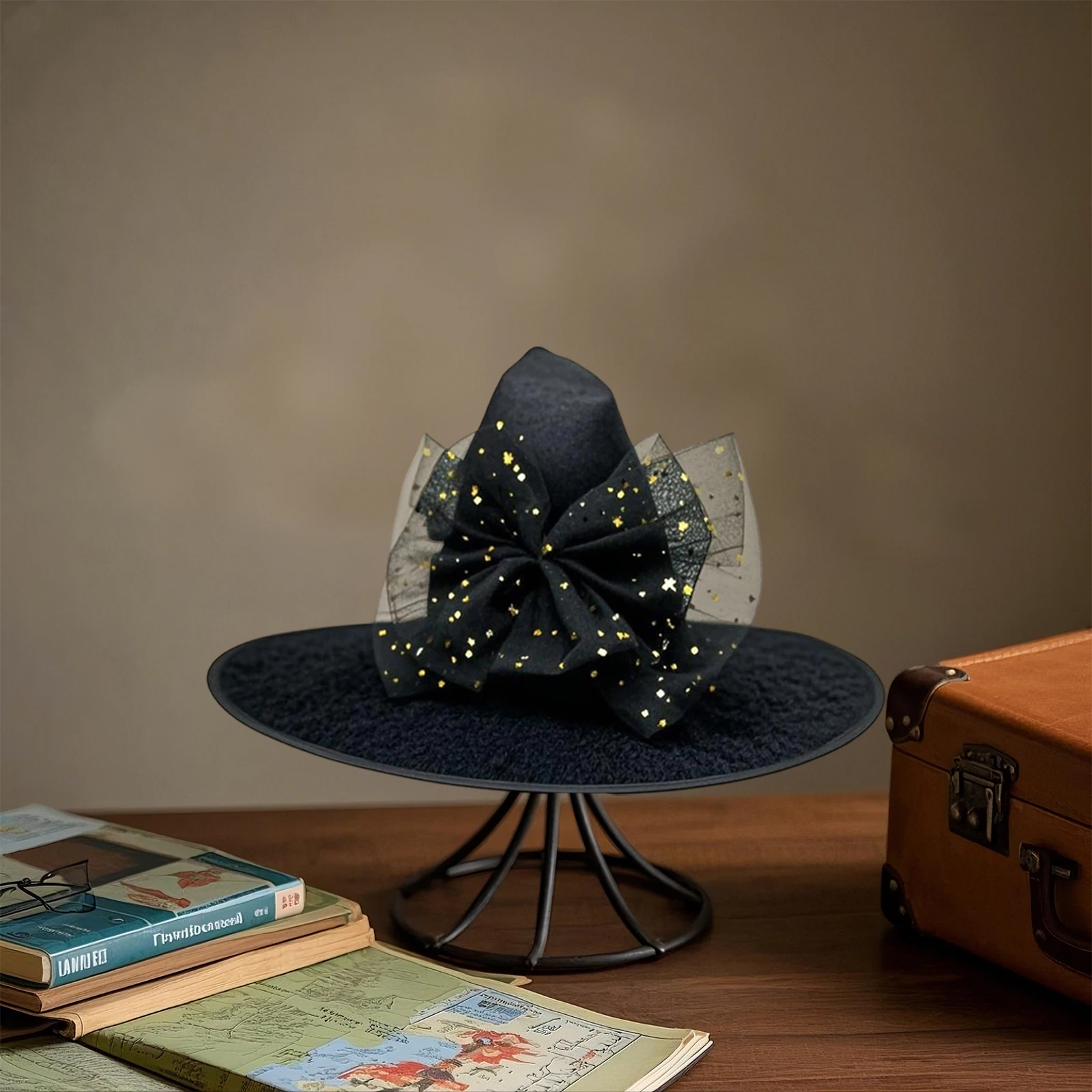 Cappelli da strega di Halloween Donna Paillettes Stella Bowknot Berretto a tesa larga a punta Masquerade Cosplay Party Cappelli da strega Accessorio per costume