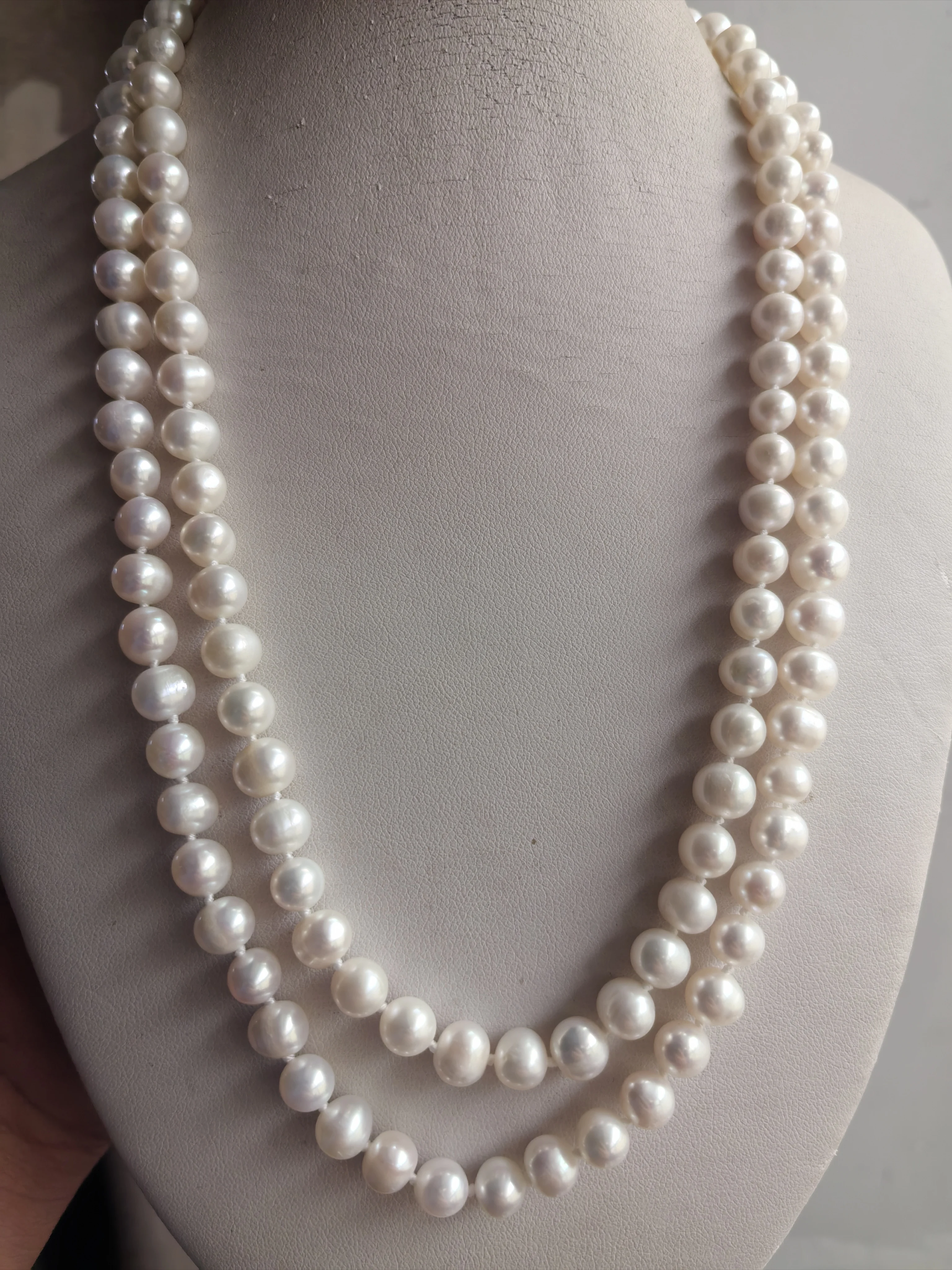 3 row seawater Genuine Natural  AAA 7-8mm Round white Pearl Neck 18 '' 925s