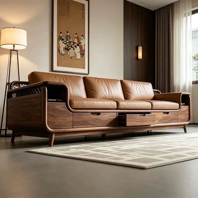 New Chinese Style North American Black Walnut Leather Sofa 2026 Solid Wood Straight Row Storage Song Aesthetics Living Room