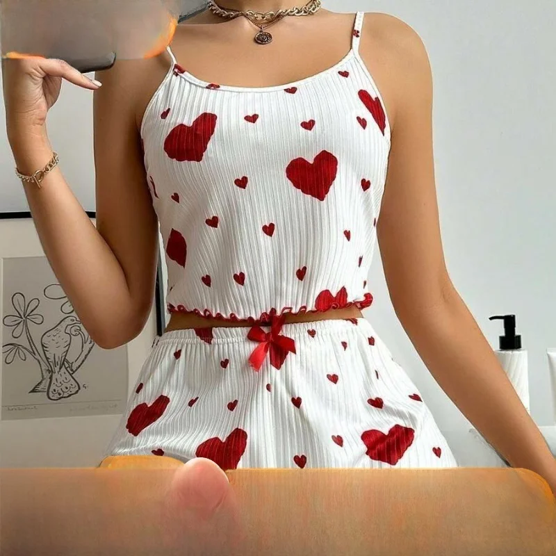 

Женский пижамный комплект Pure Desire Sle ort с принтом в виде сердца, ажурная кружевная ткань, юбка средней длины, круглый цвет Ne