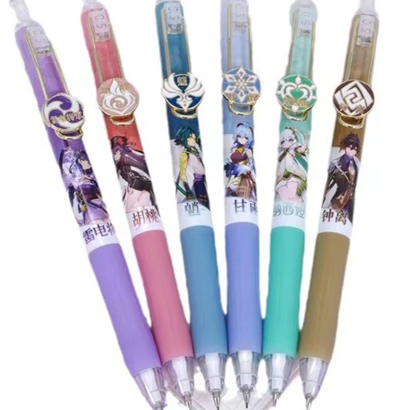 6Pcs Game Genshin Impact Elemental Power Metal Pen Clip 0.5mm Automatic Pen Mechanical Pencil Student Stationery birthday gift