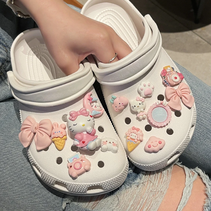 MINISO Pink Hello Kitty Shoe Charms Set Cute Cartoon Bow Tie Moon Decorations for Clogs & Sandals Perfect Gift for Boy Girl