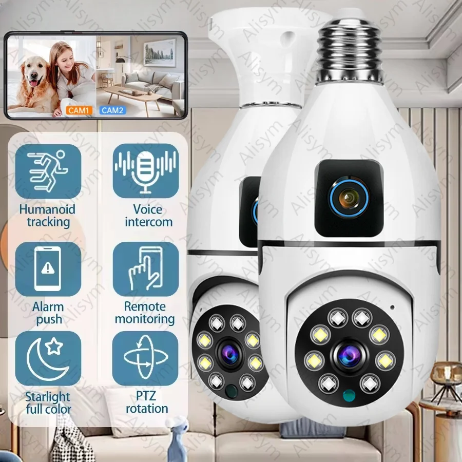 8MP E27 Bulb WIFI Camera 8X Zoom Dual Lens Indoor Surveillance Cam Human Tracking Wireless Two-way Audio 5MP Camera Night Vision