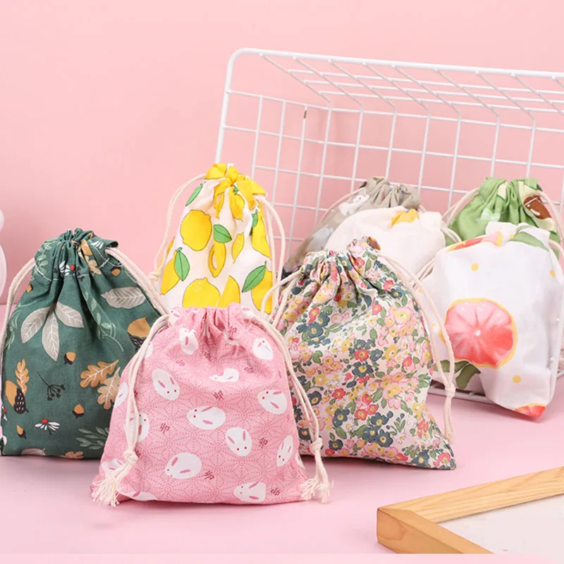 1Pcs Cloth Drawstring Cosmetic Bag Women Floral Print Makeup Bag Women Cute Small Beauty Case Travel Toiletry Bags Pouch