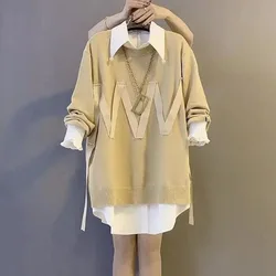 Chemise coréenne à col rabattu pour femmes, mode épissée, chandails solides, ensemble deux pièces, vêtements féminins, automne, 2024