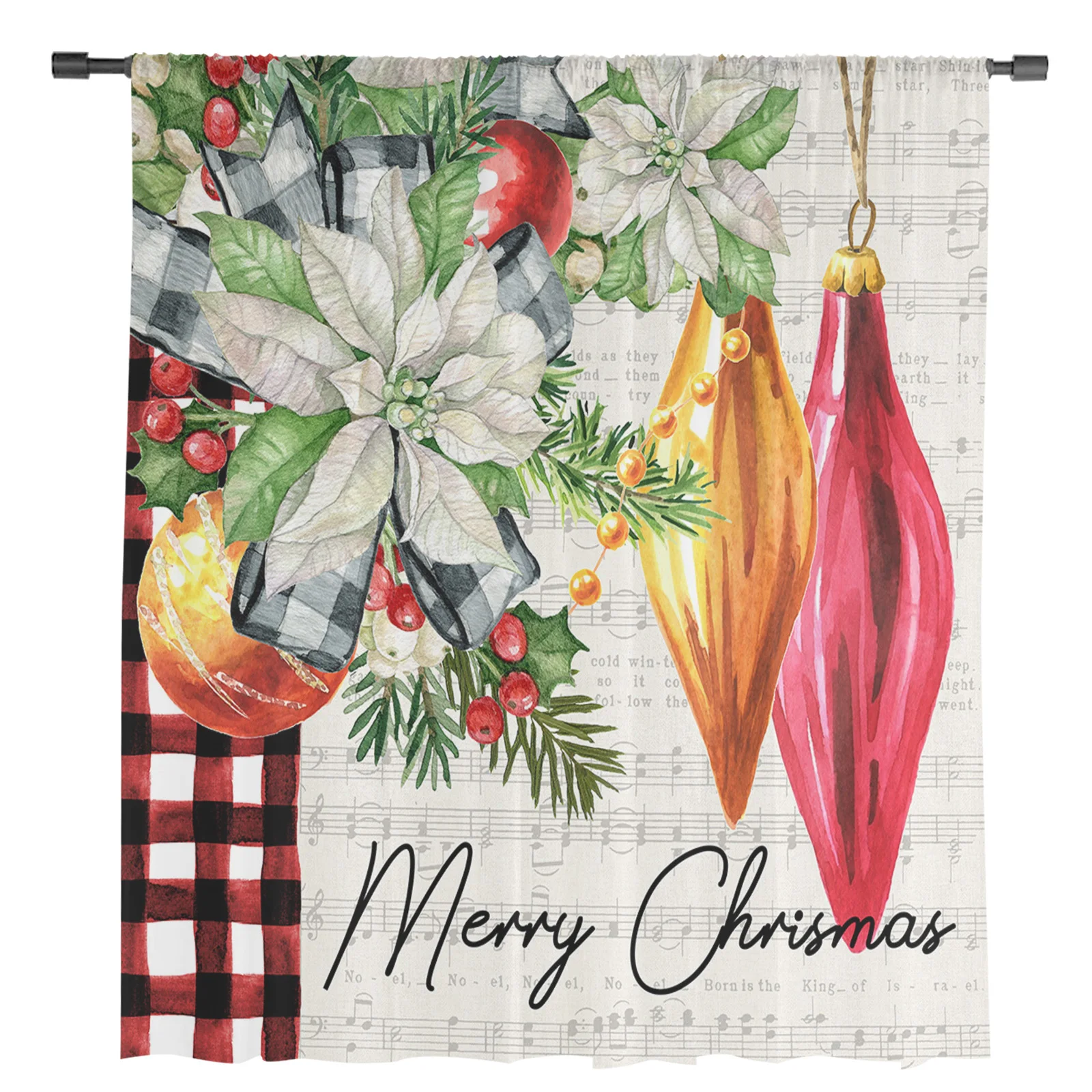 Christmas Poinsettia Pine Needles Sheer Curtains Christmas Decorations for Home Window Tulle Curtains for Living Room Bedroom