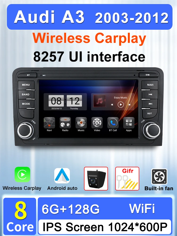 Voor Audi A3 8P S3 RS3 2003-2012 Android 13 Autoradio Multimedia Afspelen Video Speler GPS Navigatie Carplay, 4G, WiFi, DSP