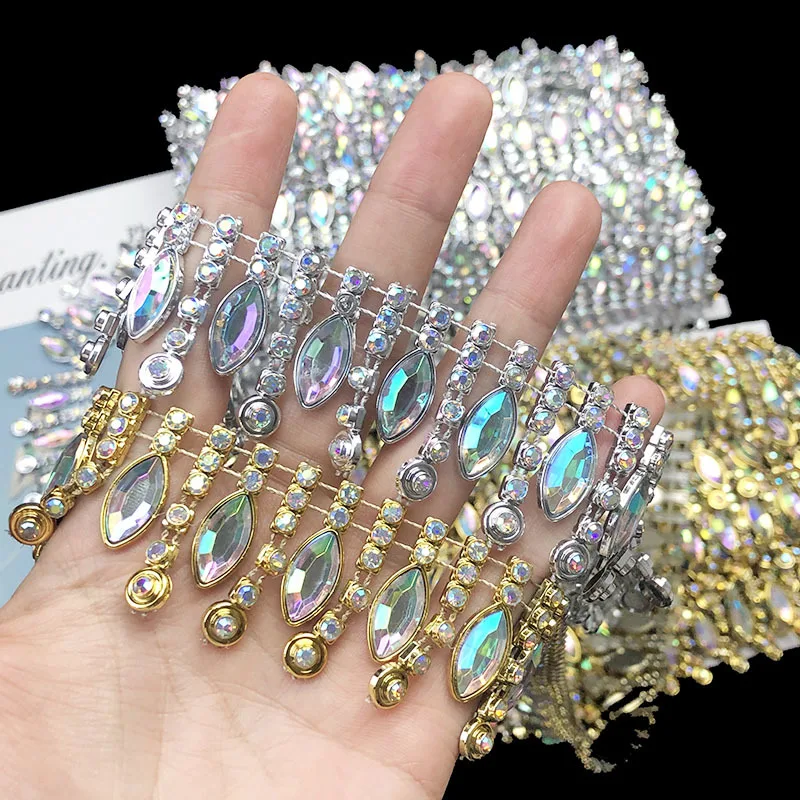 

4 Yards 3cm Wide Gold Silver Shiny Rhinestone Chain Lace Trim for Dance Costume Handbag Wedding Veil DIY Jewelry Decoration