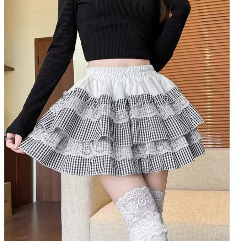 

Lace Patchwork Plaid Mini Cake Skirt Women Ruffle Sweet Lolita Skirts Spring Summer Women Y2K Kawaii Sukapan y2k Skirts