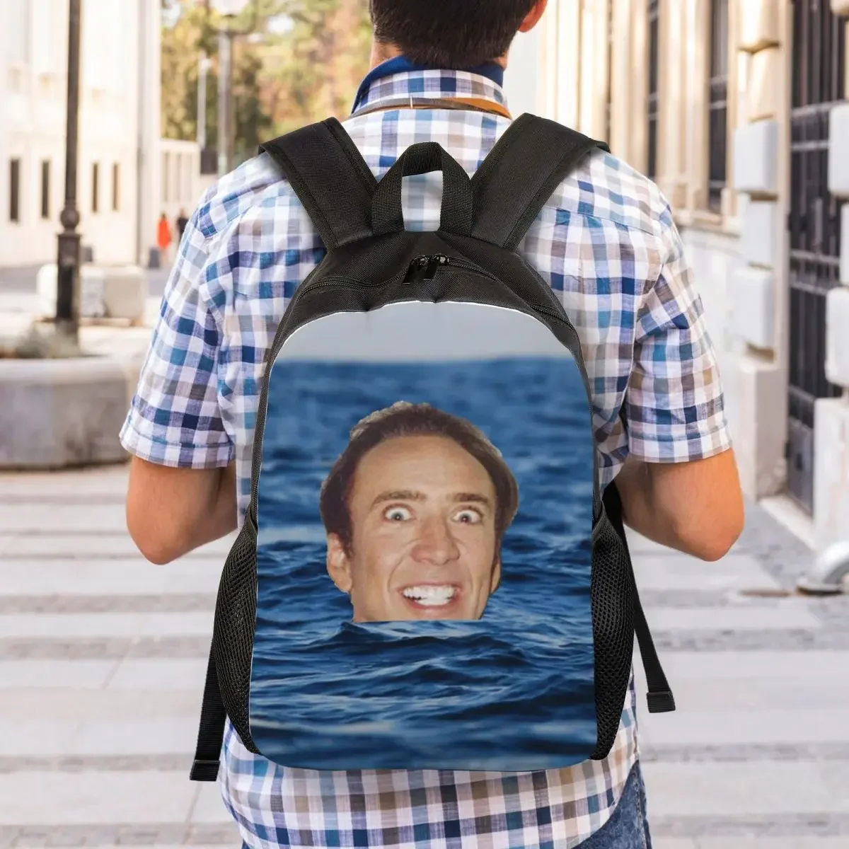 Custom Nicolas Cage In Sea Travel Backpack Women Men School Laptop Bookbag Funny Meme College Student Daypack Bags