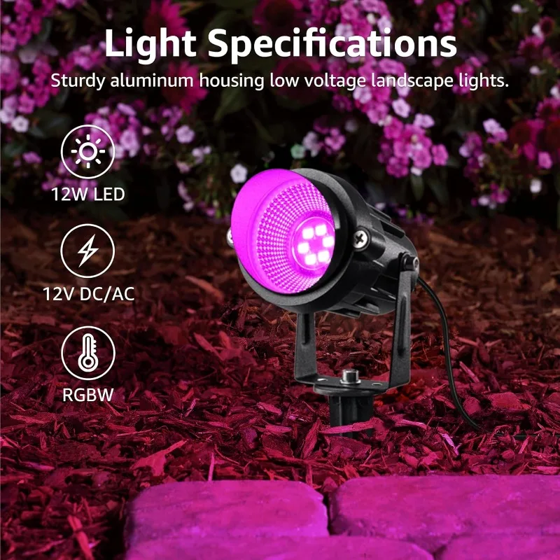 12 Pack RGBW Color Changing  12-24V LED Landscape Lighting Kit  Multicolor Spotlights for Christmas House Yard Tree Garden