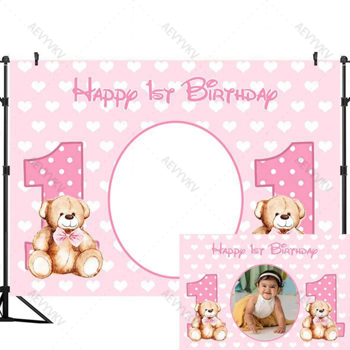 Custom One Year Old Bear Balloon Birthday Theme Photography Background Baby Boy Girl Baby Birthday Cake Table Banner Decoration