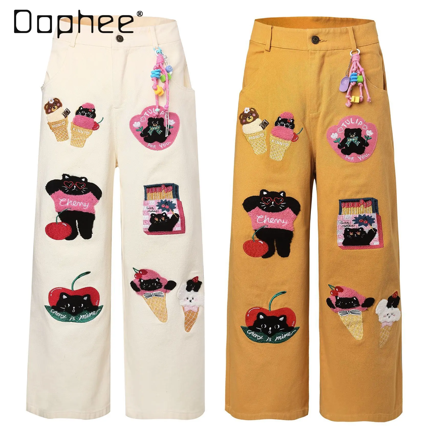 

Осень 2023, прямые повседневные брюки в американском стиле ретро с мультяшной вышивкой, свободные повседневные трендовые широкие длинные брюки унисекс, одежда Y2k