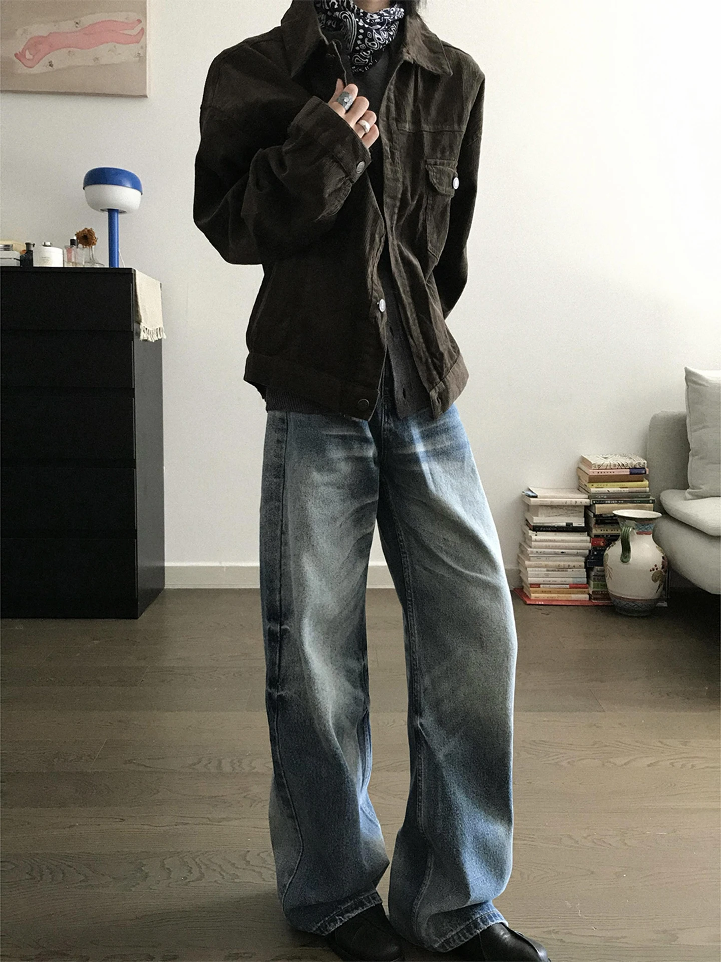 

Blue Wide Leg Knife Men's Denim Jeans American Retro Loose Fit Straight Leg Micro Flared Pants Autumn Wear Youth Faion