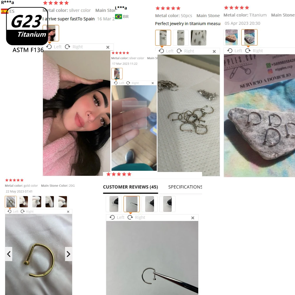 Titânio D Forma Nariz Piercing, Orelha Septo Studs, Helix Stud Hoop, Jóia do corpo, Atacado, G23, ASTM, F136, 1Pc, 10Pcs