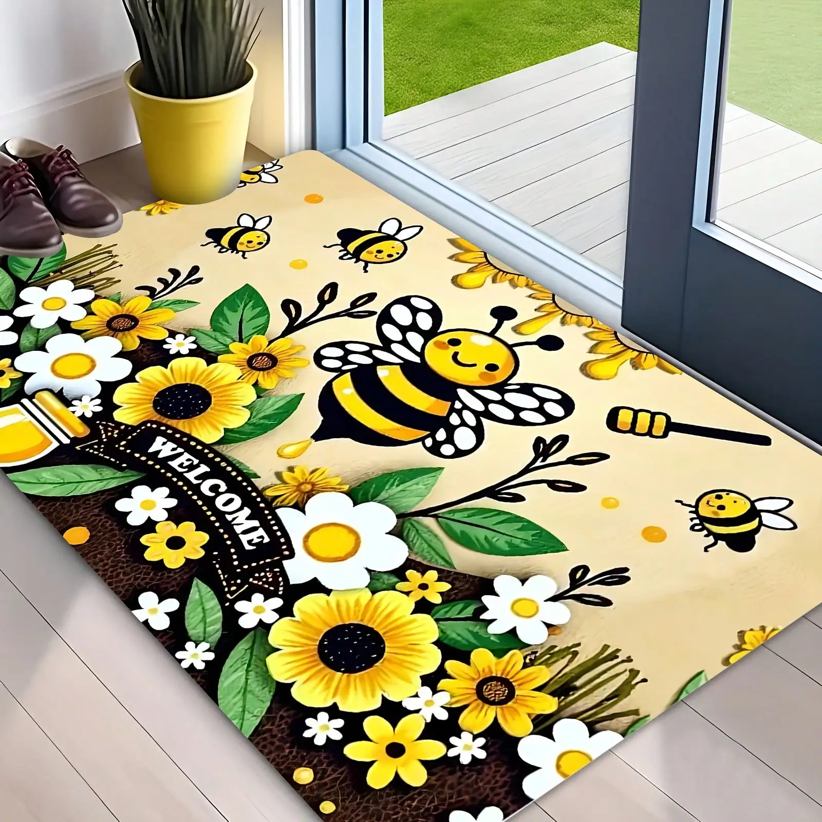2D Flat Printing Ultra-Soft Flannel Welcome Honey Garden Style Door Mat, Cute Bee And Sunflower Print Non-Slip Carpet, Machine Washable Non-Fading, Suitable For
