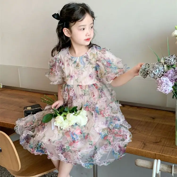 Girls Casual Dresses Three-dimensional Flower Mesh Short Sleeve Kids Dresses for Girls Chinese Traditional Dress for Girls